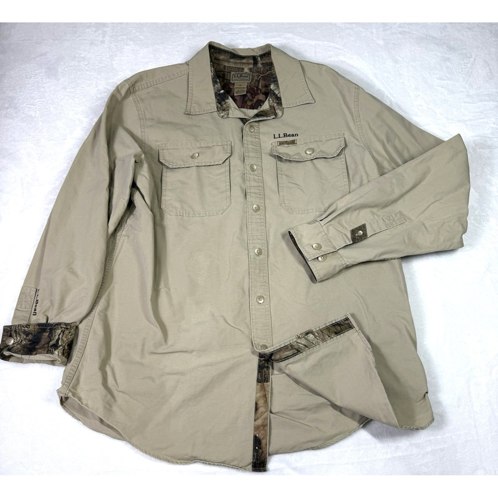 LL Bean‎ Camo Shirt Mens Large Beige Ripstop Workwear Hunting Snap Front